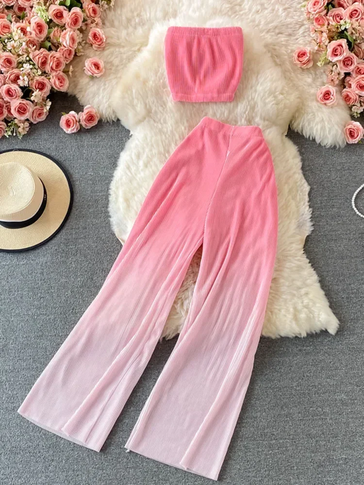 Summer Women\'s Suit Korean Street Style Gradient Tube Top Short Top + High Waist Wide Leg Pants Female Sets FC441