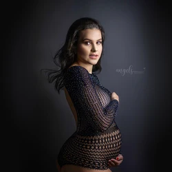 Maternity Photography Sexy Goddess Hollow Out Fishnet Bodysuit Sexy Fashion Long Sleeve Stretch Jumpsuits Props For Photo Shoot