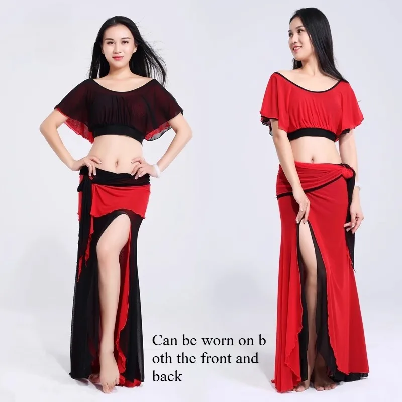 カスタマイズされたベリーダンスセット両側に水ガーゼセクシーな露出へそハイスリット衣装大人女性のためのエキゾチックダンスウェア