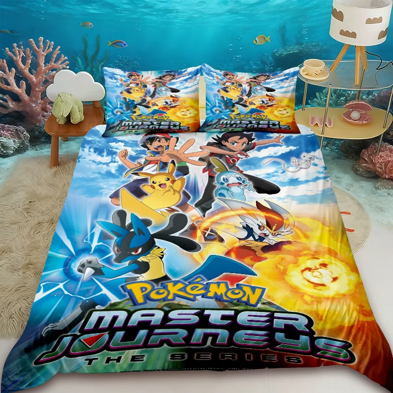 

Children Three-piece Set Duvet Cover Set Pikachu Cartoon Bedding Set Comforter Cover with 2 Pillowcase for Bedroom Decor