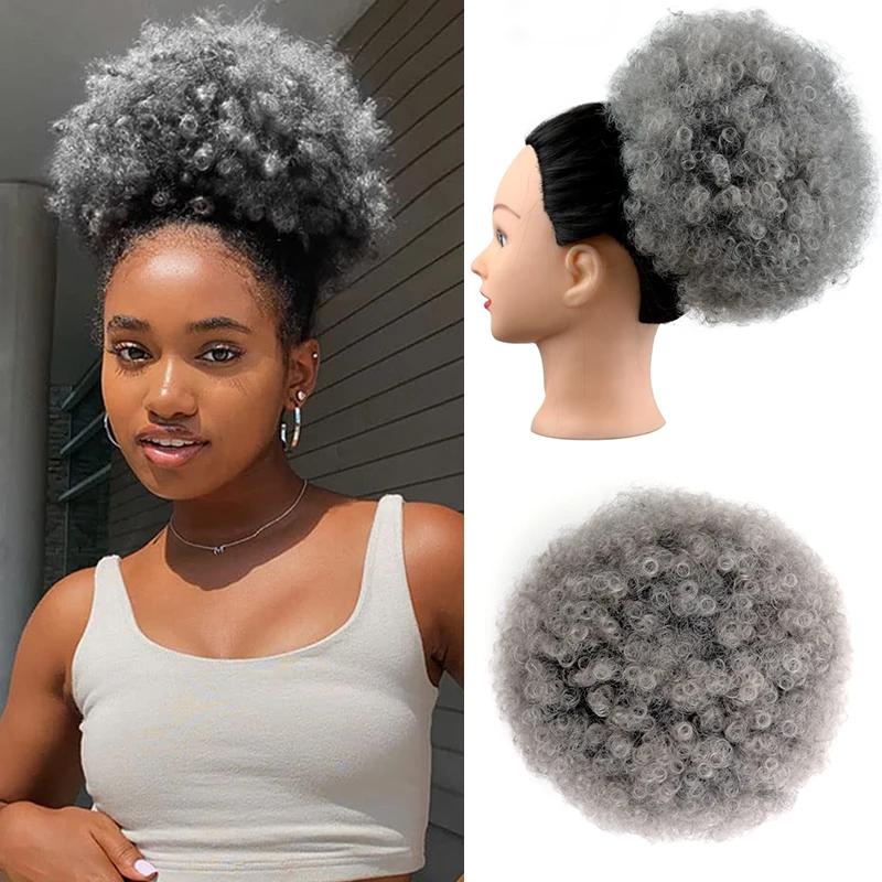 Extensión de cabello Afro Puff con cordón para mujer, coleta de rizo sintético con cordón de 120g, con Clip, 10 pulgadas