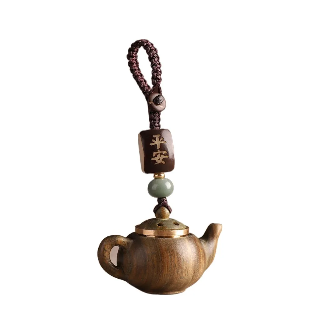 Statue Mini Little Teapot Keychain Ornament Waterproof Carved Teapot Pendant Beads Openable Green Sandalwood Phone Chain Car Key