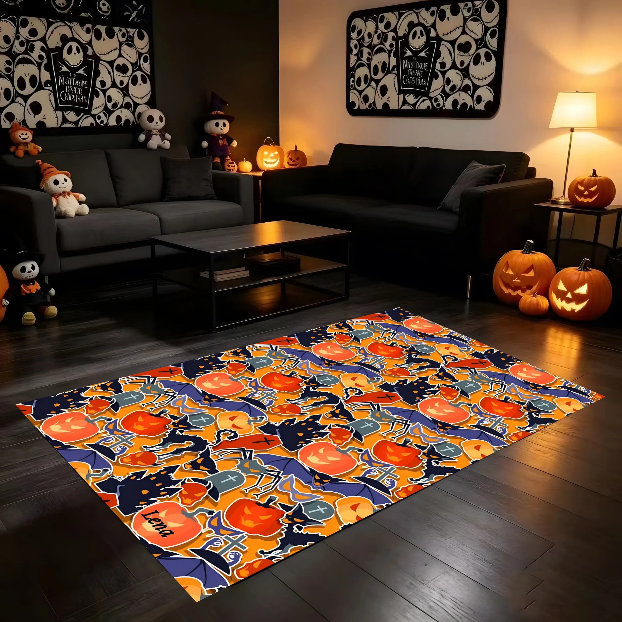 2D Large Area Rug 2D Carpet with All over Print of Pumpkins, Black Cats, Witch Hats, Halloween Elements, Quirky Cartoon Style,.