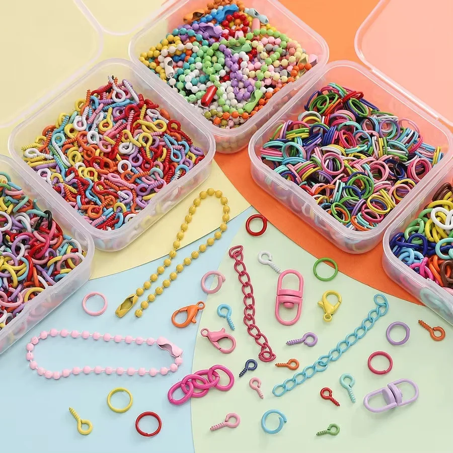 Ensemble d'accessoires de bijoux colorés, porte-clés en perles, anneaux de saut ouverts, crochet de fermoir à homard, petites épingles à œil à vis pour la fabrication de bijoux à faire soi-même