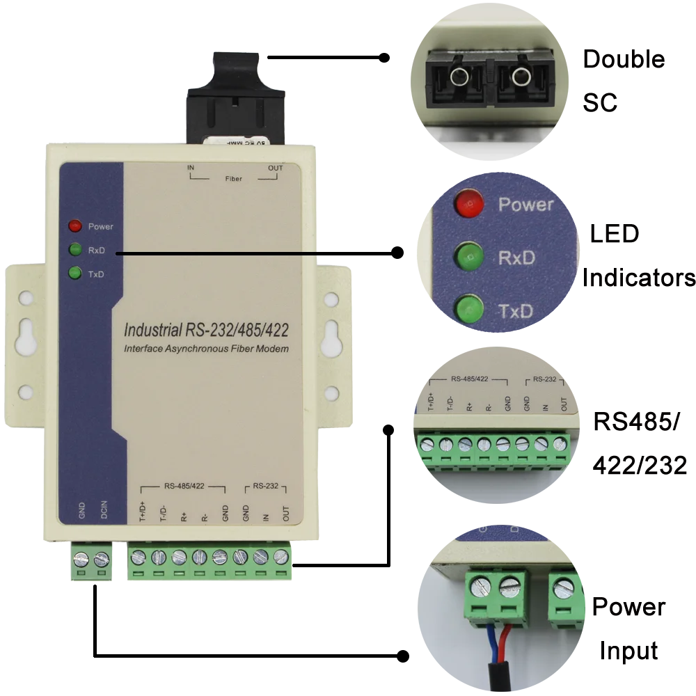 Industrial Compact RS-232/422/485 Serial Fiber Converter Single Fiber SM SC Connector 20KM SC External Fiber Optic Equipment