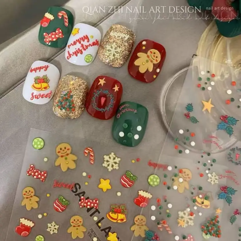 Christmas Nail Art Sticker Embossed Gingerbread Man Explosive Elk Gift Box Bow Nail Sticker Cartoon Nail Art Ornament