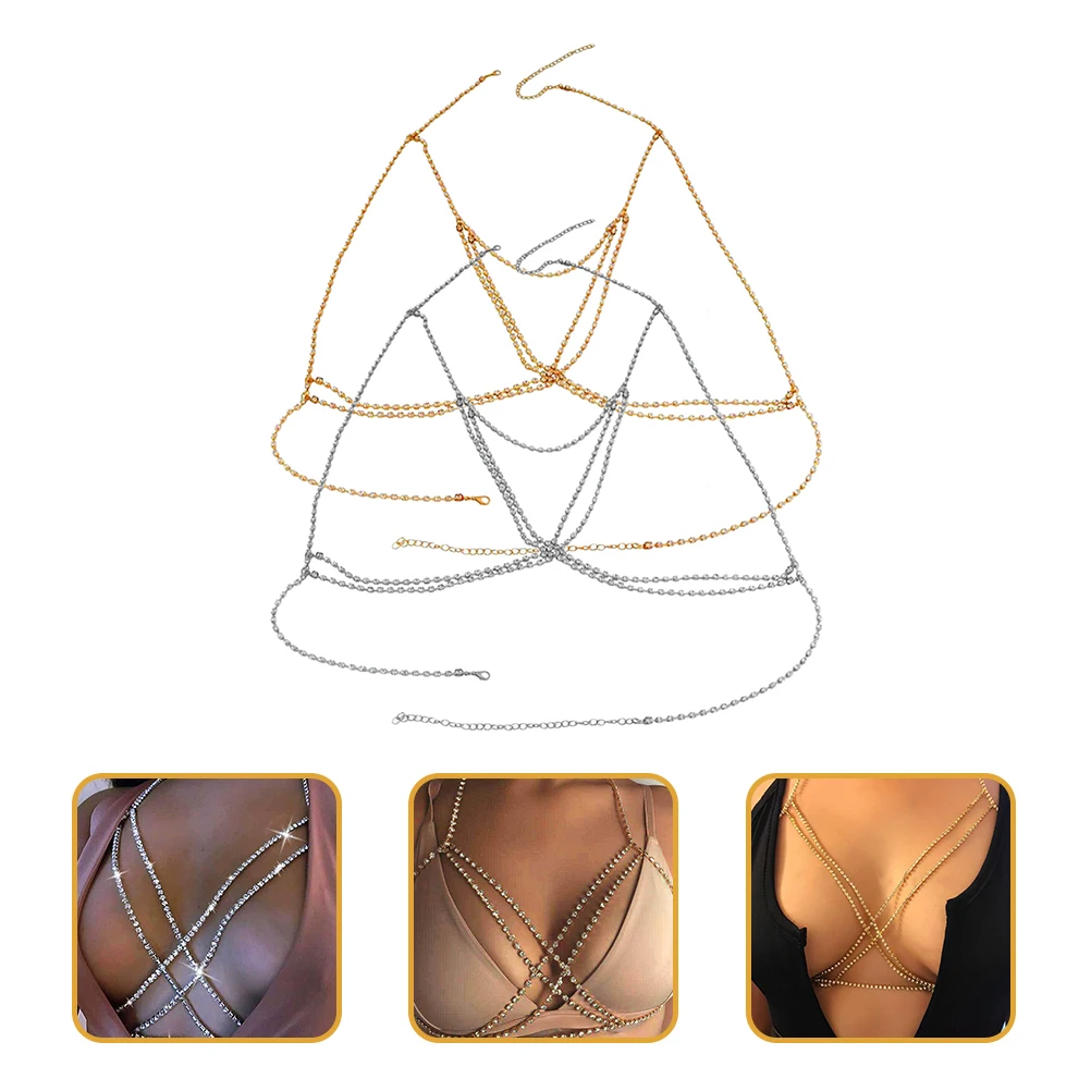 

2 pcs Crystal Bra Chain Women Body Jewelry Adjustable Bralette Bracket Necklace for Rhinestone Bralette Party Dance