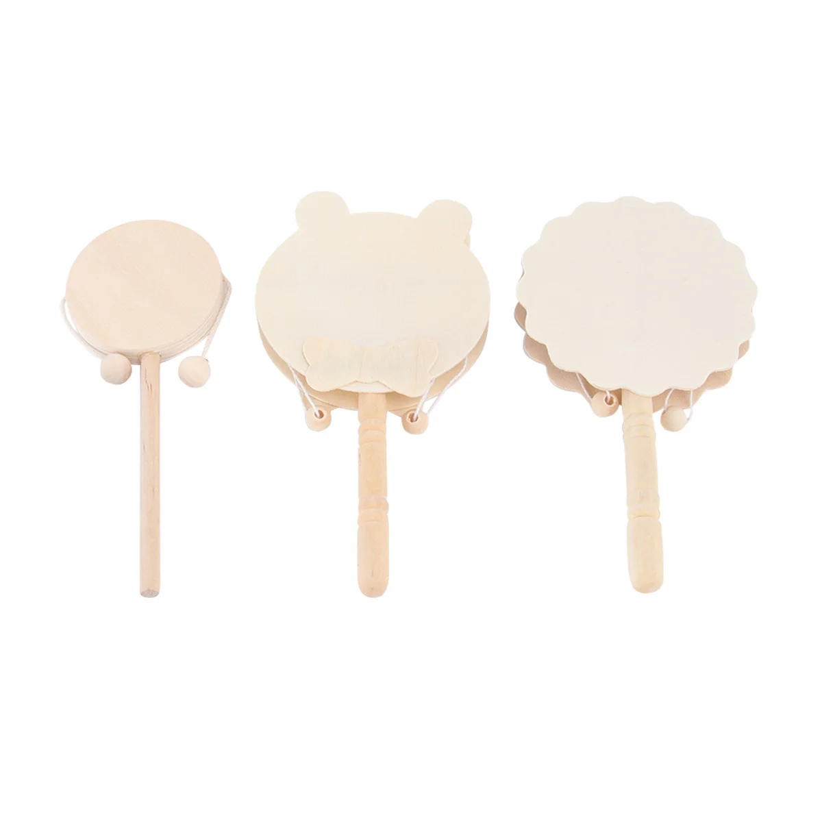 7Pcs DIY Wooden Rattle Drum Unfinished Design Shaking Plaything Eco-Friendly Safe Wood Polished Smooth Hand Carry