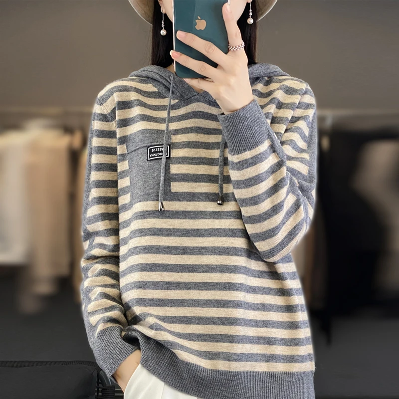 2024 women\'s cashmere sweater striped loose long sleeved sweater women\'s sweater women\'s cashmere women\'s loose women\'s pullover