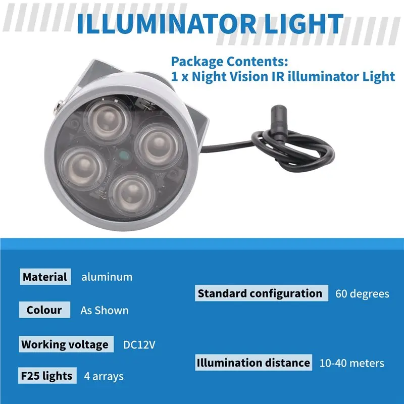 4-Array IR LED Waterproof Night Vision Illuminator 10-40m Range 60° DC12V for Security Camera