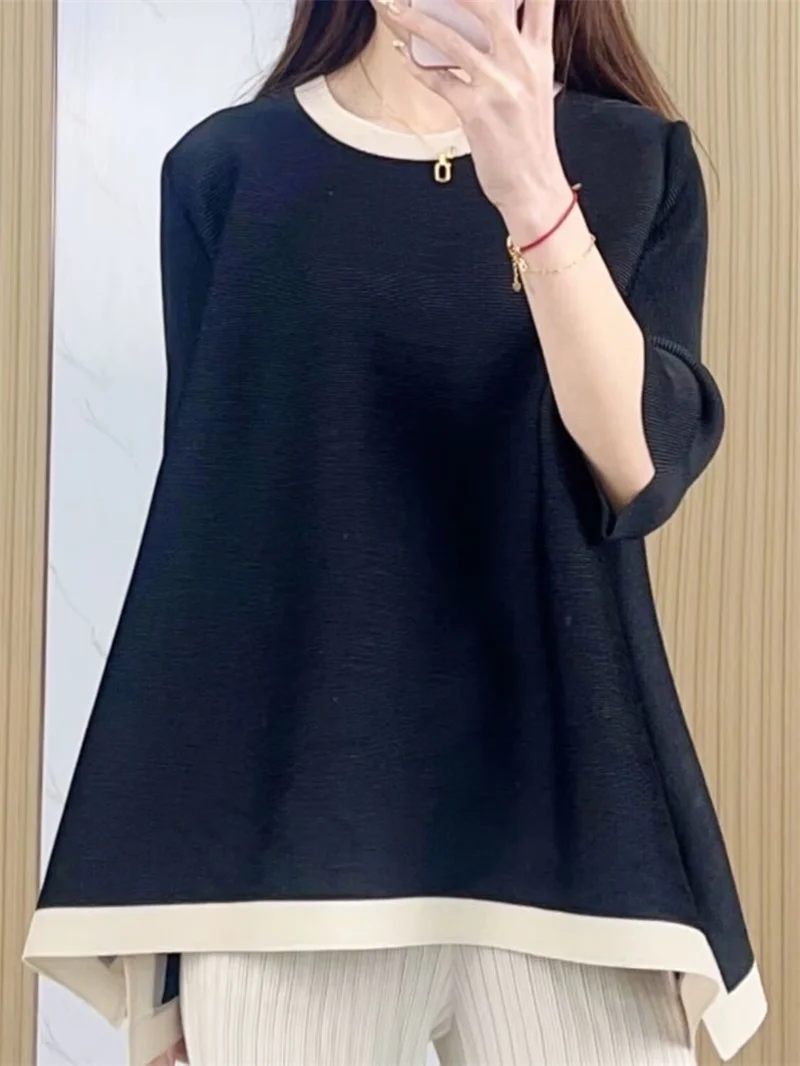 Pleated Top Women T-shirt top Summer new Women's Plus-size Round Neck Seven-point Short-sleeved T-shirt Loose Commuting Joker