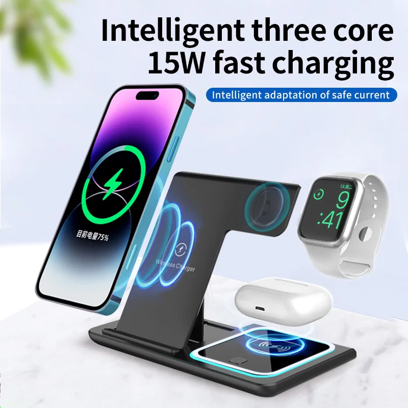 15W 3 in 1 Wireless Charger Station For iPhone 14 13 Apple Watch Airpods Pro iWatch 8 7 Fast Charging Dock Stand Foldable Light