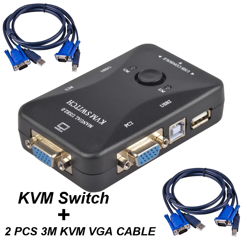 USB 2.0 VGA SVGA KVM Switch Switcher Adapter 2-in-1-out Splitter Box +1.5M/3M Cable For PC Computer Keyboard  Mouse sharing