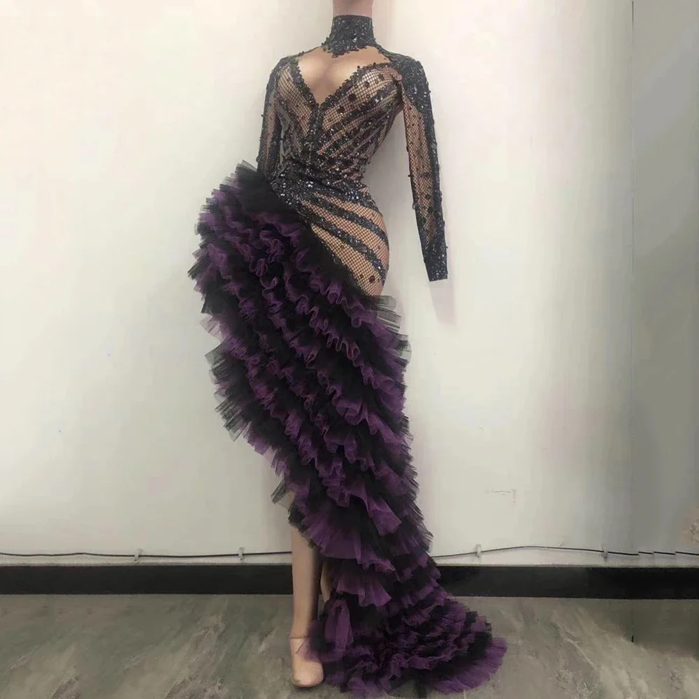 

Sparkling Inlaid Diamond Mesh Perspective Women Dress Long Tailing Cascading Ruffle Dresses Singer Dance Stage Wear Drag Queen