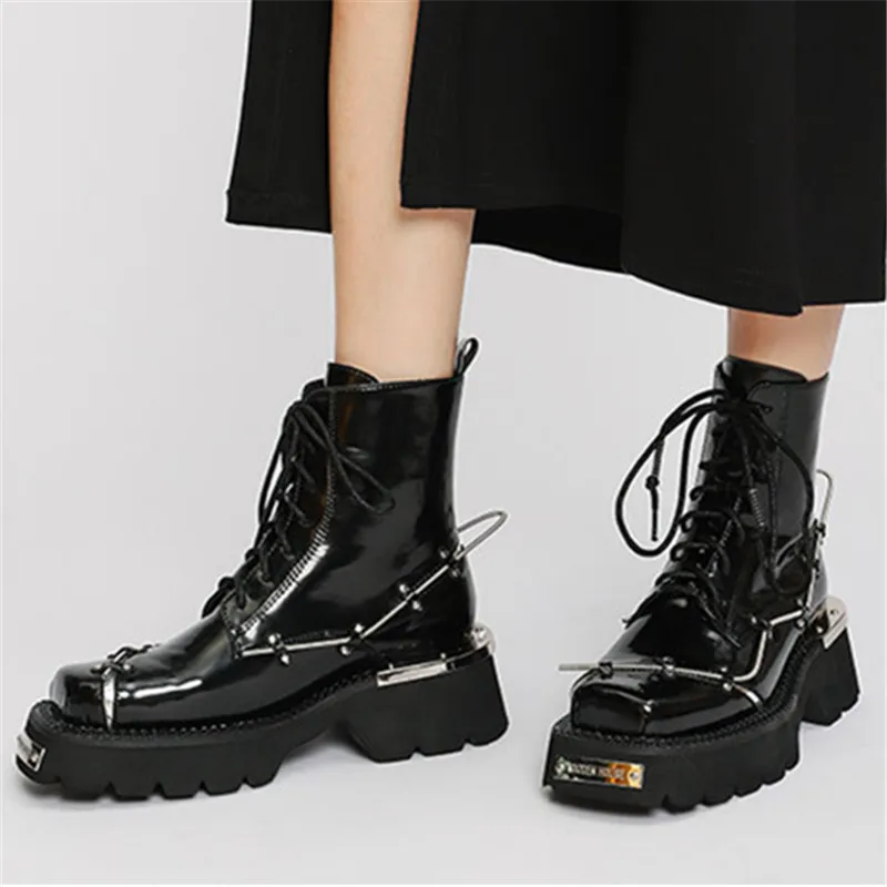 

Punk Style Women Ankle Boots Thick Sole Platform Shoes Woman Retro Square Toe Lace-up Autumn Short Booties Chunky Heel Pumps