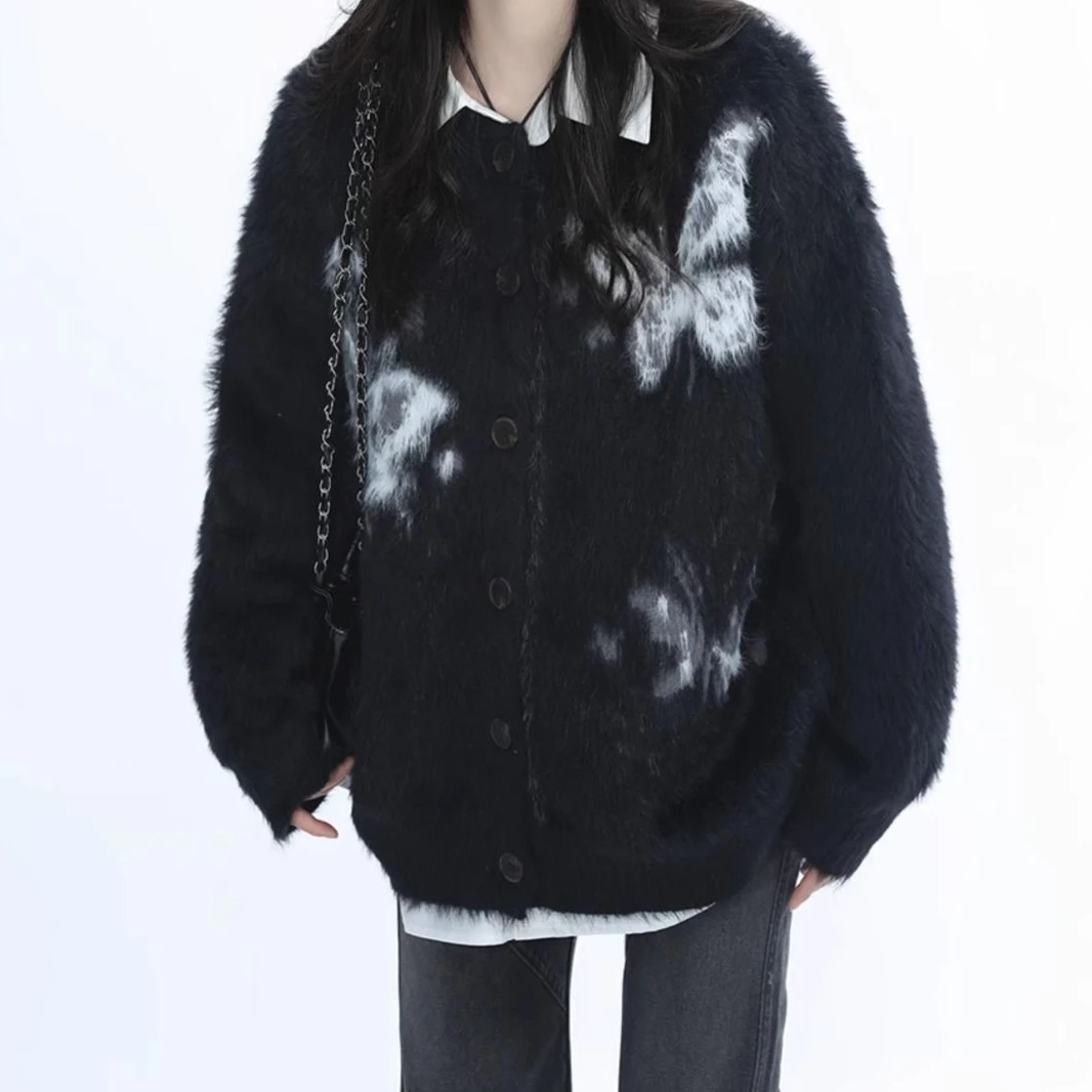 

Y2K Kinnted Hooded Long Sleeve Subculture Jacket Women Casual Gothic Punk Style 2025 American Vintage Coat Autumn Streetwear