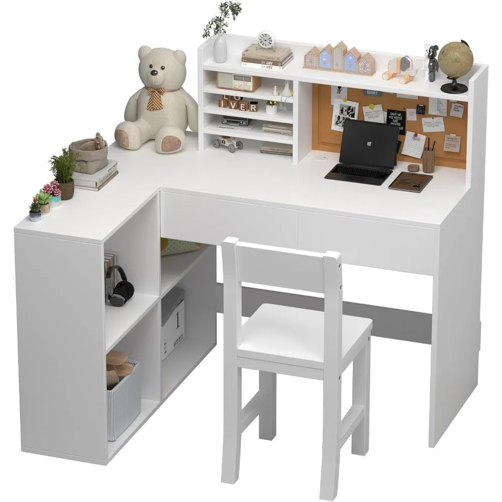 Kids Study Desk and Chair Set with Drawers and Shelves,KidsDesk with Bulletin Board, 41in*31in White Kids Desk