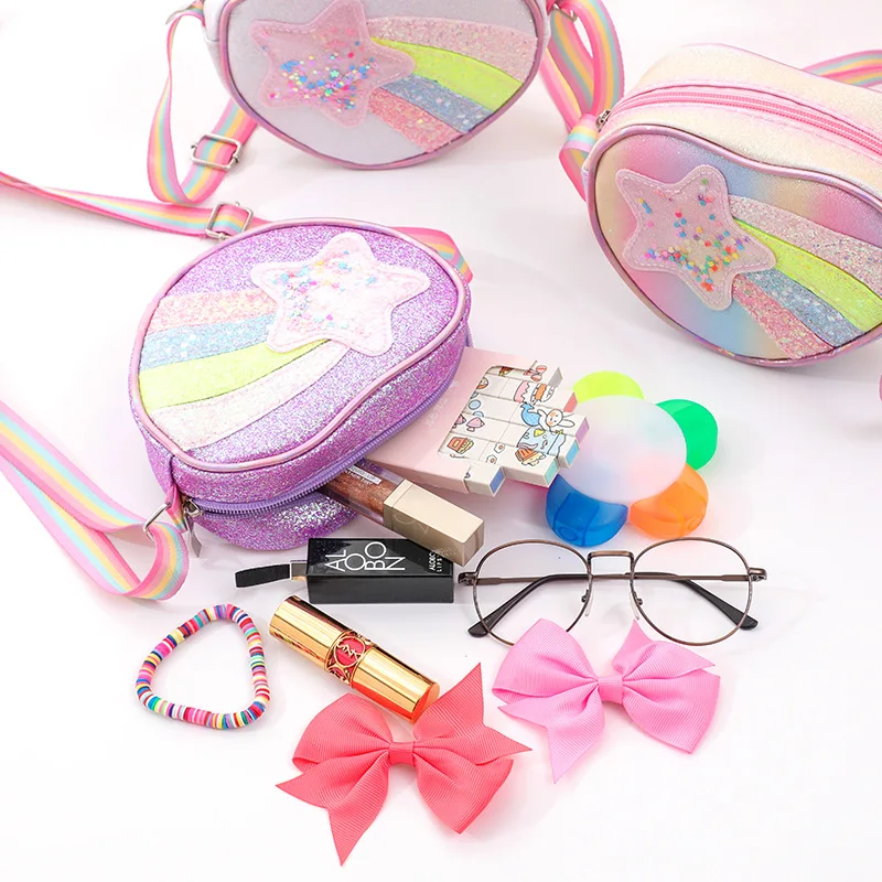 Cute Rainbow Heart Girls PU Shoulder Bags Portable Cartoon Sequins Princess Crossbody Bag Casual Children Coin Purse Clutch Gift