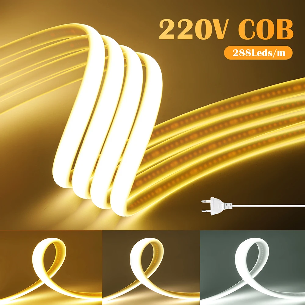 288LEDs/m COB LED Neon Light 220V Dimmable 10 Colors High CRI RA90 Flexible Strip with Power for Custom Sign Wall Decoration