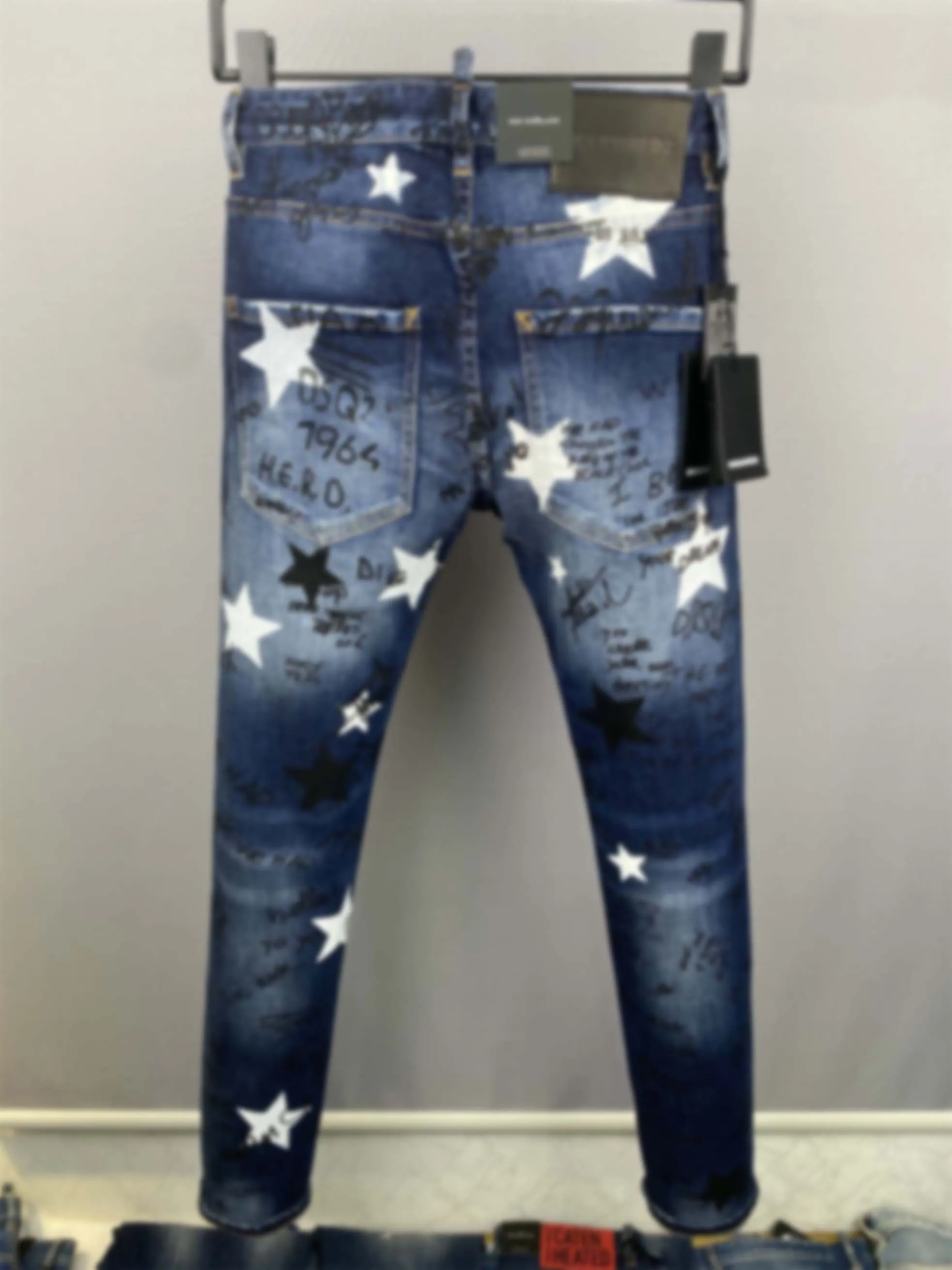 2024 New D2 Jeans Men's Washed, Worn Out, Micro Elastic Paint, Speckled Ink, Trendy Brand, Slim Fit, Small Feet, Black