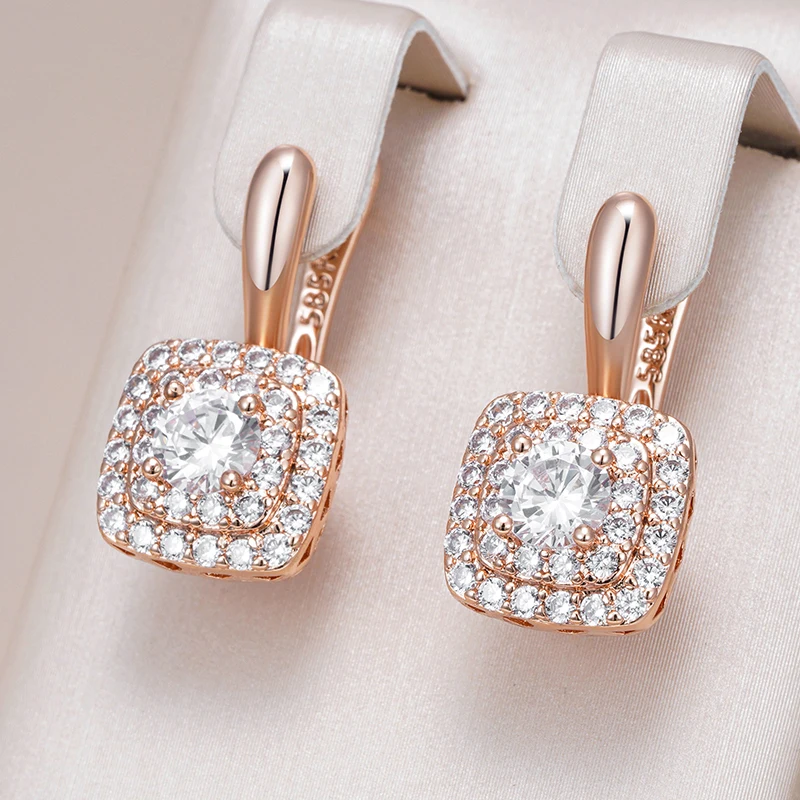 Kinel Hot Shiny Natural Zircon Square Drop Earrings For Women Trend 585 Rose Gold Color Bride Wedding Fine Jewelry Crystal Gift