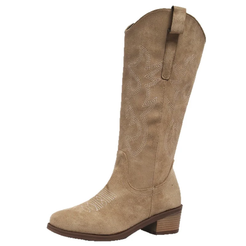 حجم كبير التطريز خمر الخامس كعب مكتنز البني منتصف العجل أحذية ركوب الخيل للنساء الخريف والشتاء