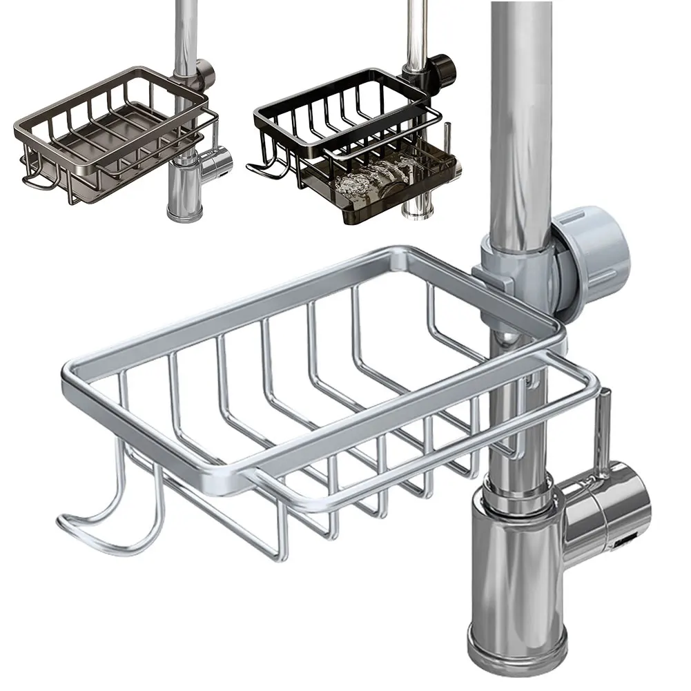 Küchenspüle-Armatur-Organizer, abnehmbarer Schwammhalter für die Küchenspüle, Aluminium-Schwammhalter für Badezimmer-Scheuerschwämme und Seife