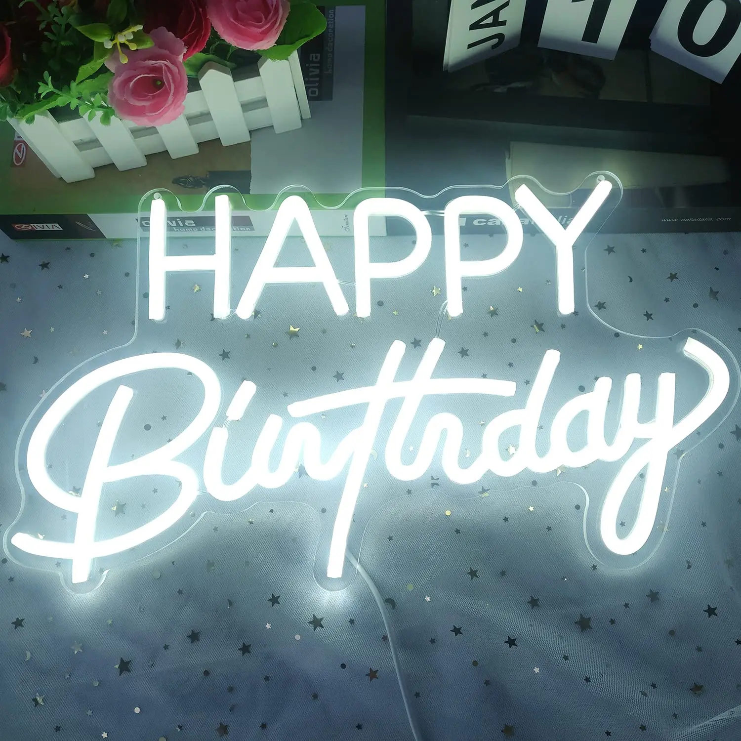 

Happy Birthday Neon Sign 42x24cm Light Sign for Birthday Party Decoration USB Powered Kids Gift with Switch( White)