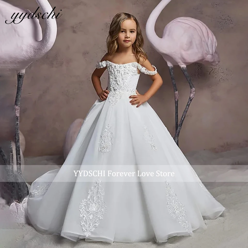 Personalizado elegante rendas apliques vestidos da menina de flor 2024 princesa vestido de baile pageant festa aniversário crianças primeira comunhão vestido