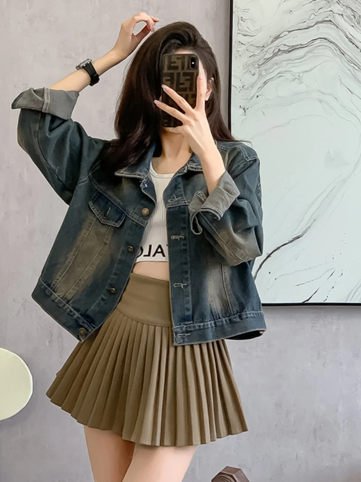

Retro American Denim Jaet Women's Loose ort Casual Versatile Spring Autumn Faionable Top Button up Long Sve Coat