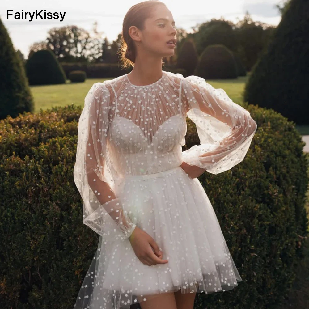 FairyKissy Polka Dot Short Wedding Dress Long Train Bridal Gown Ruffles Evening Party Skirt With Puffy Sleeves Vestido De Novia