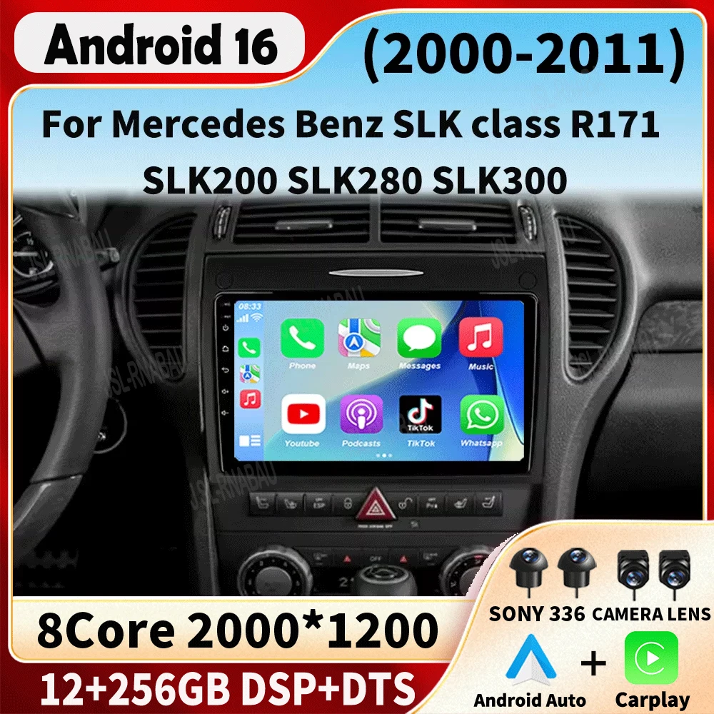 Android 16 Carplay For Mercedes Benz SLK Class R171 SLK200 SLK280 SLK300 2000 - 2011 Car Radio Navigation GPS Multimedia Player
