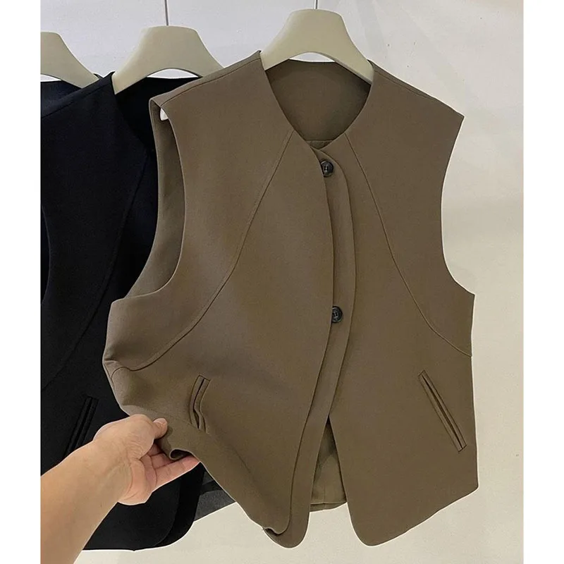秋のレディースファッションカーディガンノースリーブアウター女性ラウンドネックカジュアルベストコート韓国女性無地チョッキジャケット