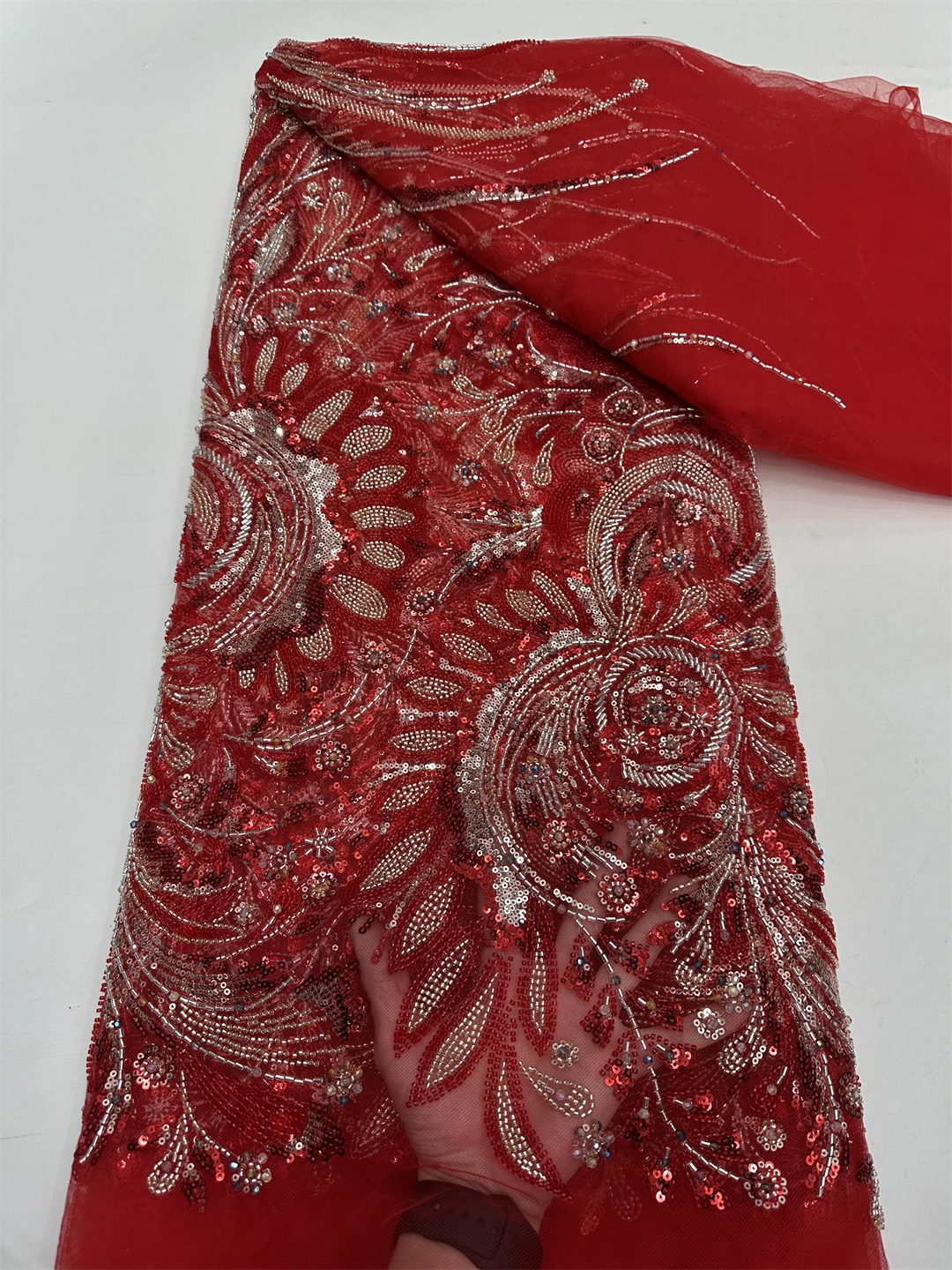 

2025 New African French Nigerian High End Lace Fabric With Beads Sequins Mesh for Embroidery Wedding Party Bride Sewing Dress