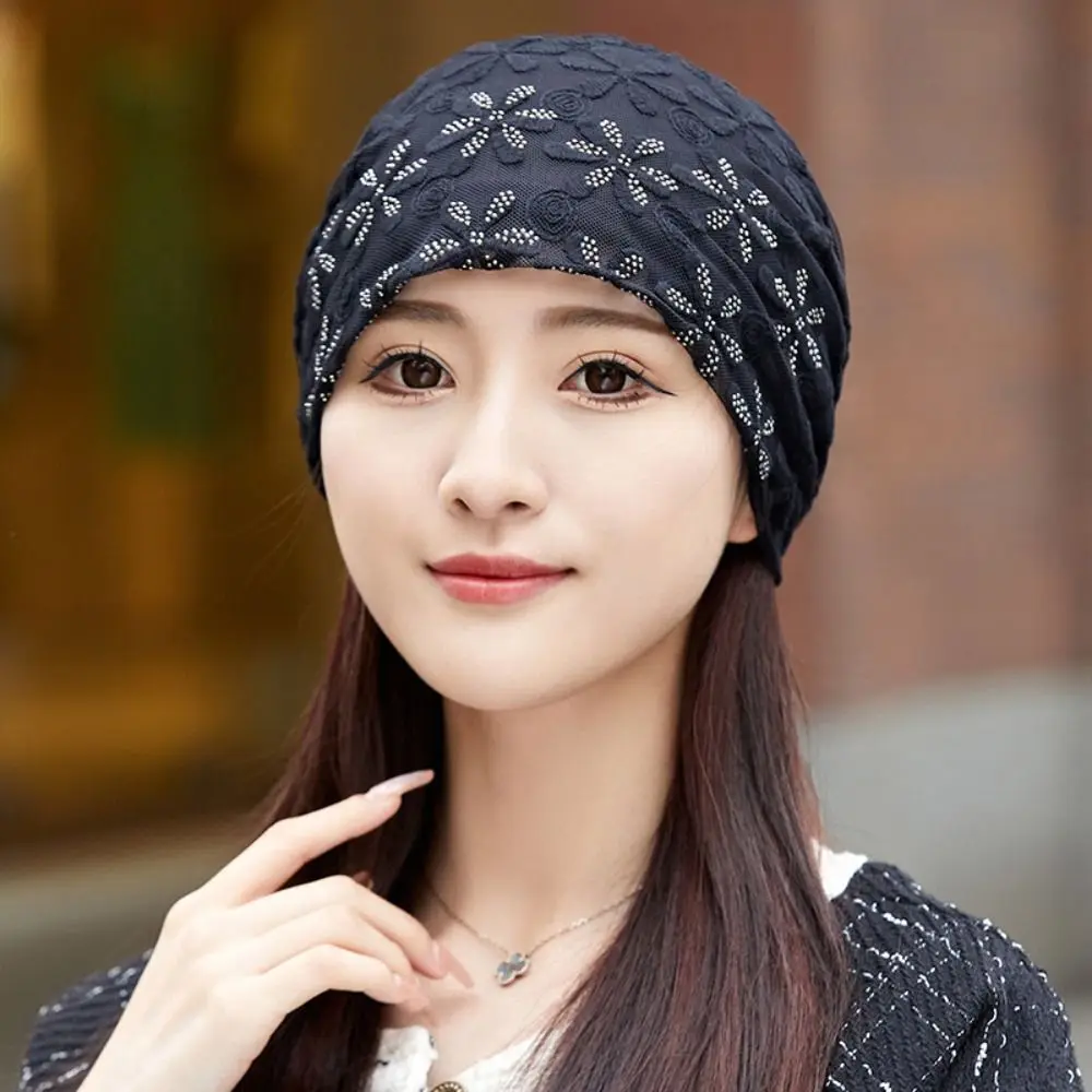 

Autumn Lace Flower Beanies Cap Hollow Out Breathable Crochet Slouchy Hat Elegant Thin Casual Turban Beanies Caps Outdoor Hats