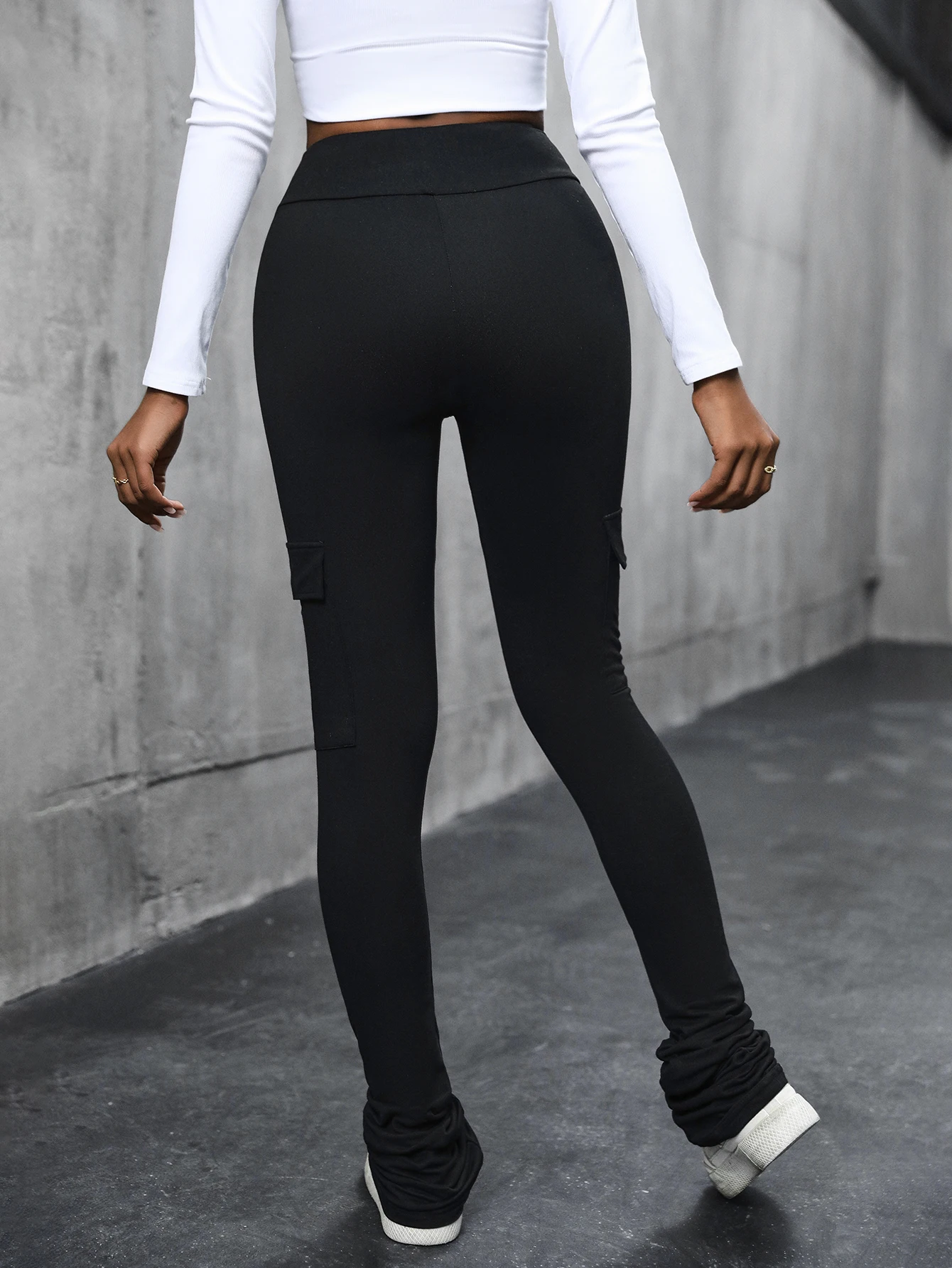 Fashion New Women Leggings Solid Color Casual Pants Slim Fit High Waist Multi Pocket Pleated Flare Workout Pencil Trousers