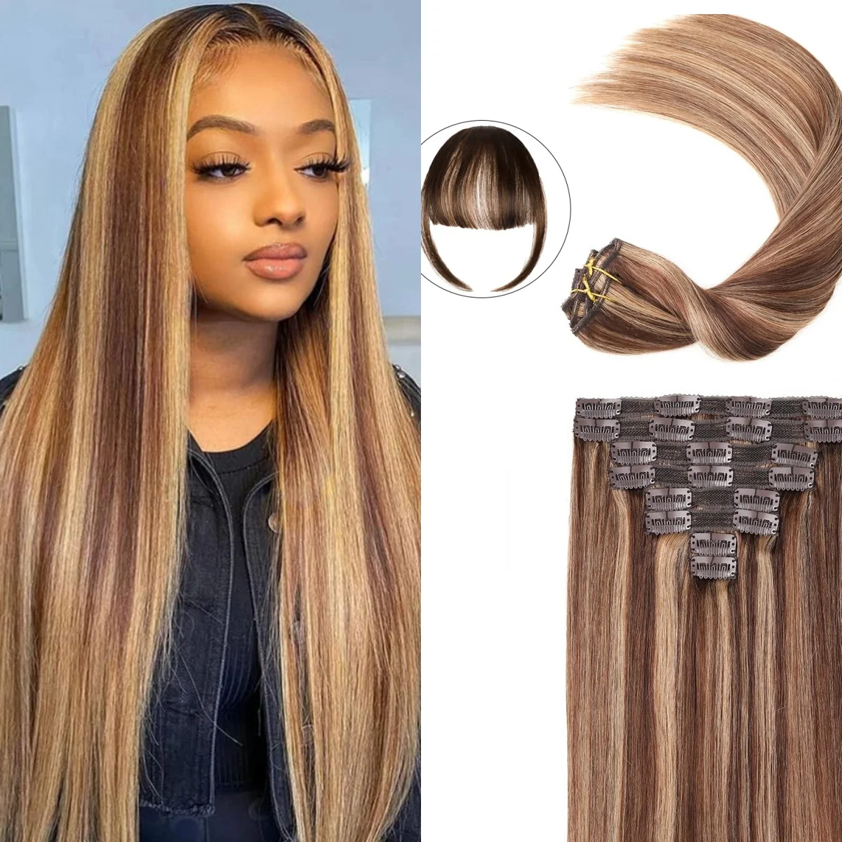 4/27 Highlight Clip in Hair Extension Human Hair 12A Human Hair Long Straight 18-24inch  Clip in Extensions Human Hair