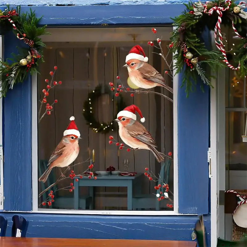 1PC Three Birds in Santa Hats Window Stickers Red Berry Branch Design for Glass and Window Decoration