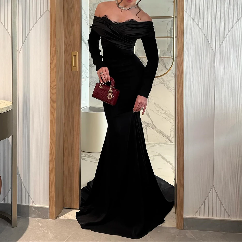

Customized Mermaid Evening Dresses Floor-length Off The Shoulder Full Sleeve Prom Gown Fashion Lace Pleat Backless Party Gown
