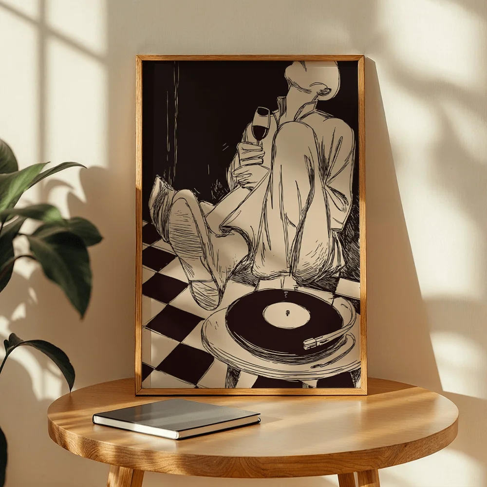 Modern Line‑art Figure Vinyl Record Canvas Wall Decor Picture, 2D Printed Poster Wall Art, Trendy Home Decor Gift For Living Roo
