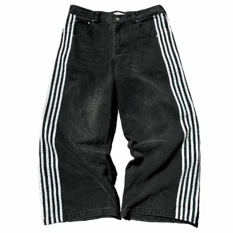 High Quality Embroidered Striped Harajuku Sweatpants Y2K Baggy Jeans Men Women Hip Hop Streetwear Casual Mopping Wide Leg Denim