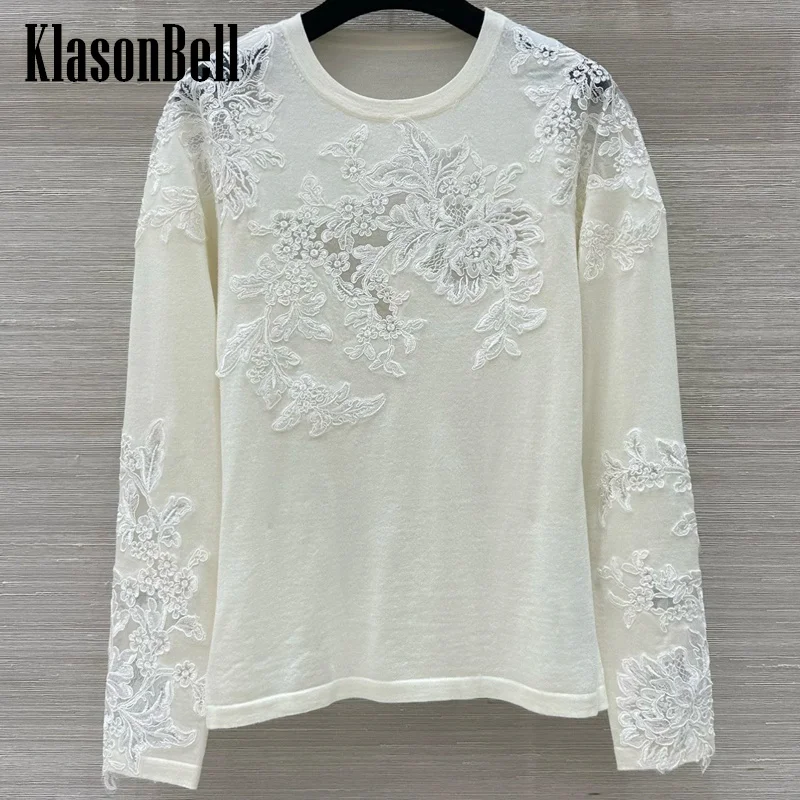 

10.7 KlasonBell-Women Sexy Sheer Lace Embroidery Spliced Long Sleeve Wool Knitwear Basics Pullover Sweater