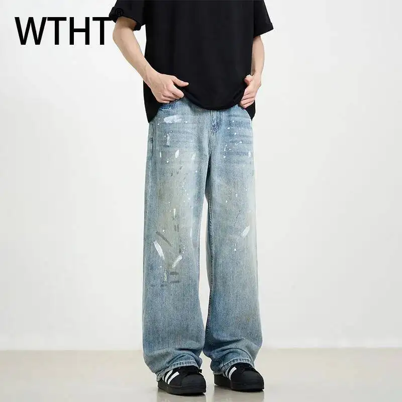WTHT Fashion Men's Splashed Ink Graffiti Do Old Design Denim Pants Vintage High-waisted Straight Jeans Male 2026 Summer 2A3185