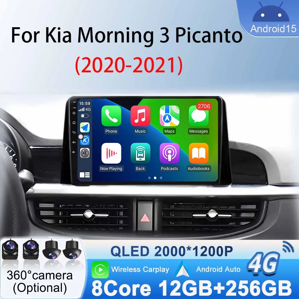 Multimedia Player WIFI BT for KIA Morning 3 Picanto 2020- 2021 Car Radio Android 15 GPS Navigation Wireless Carplay Android Auto