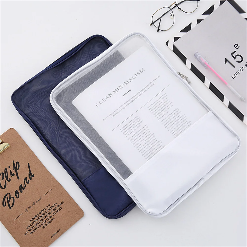 Large-Capacity Stationery Storage Bag Mesh Zipper Pouch File Organization Office Supplies Translucent File Storage A4 File Bag