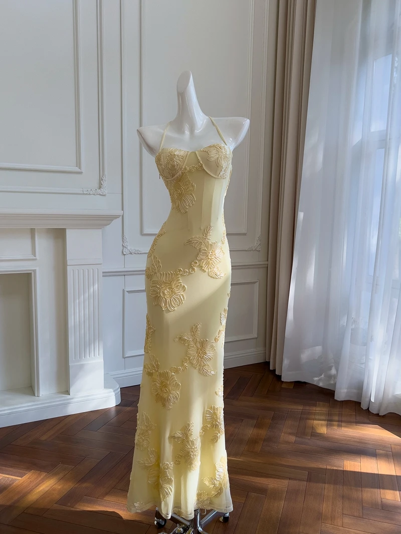 Ele Yellow Strapl Sexy Bal Slimming High-End Sensation Vaion Dr Chic Aosphere Luxury Dr Long A-Line Skirt