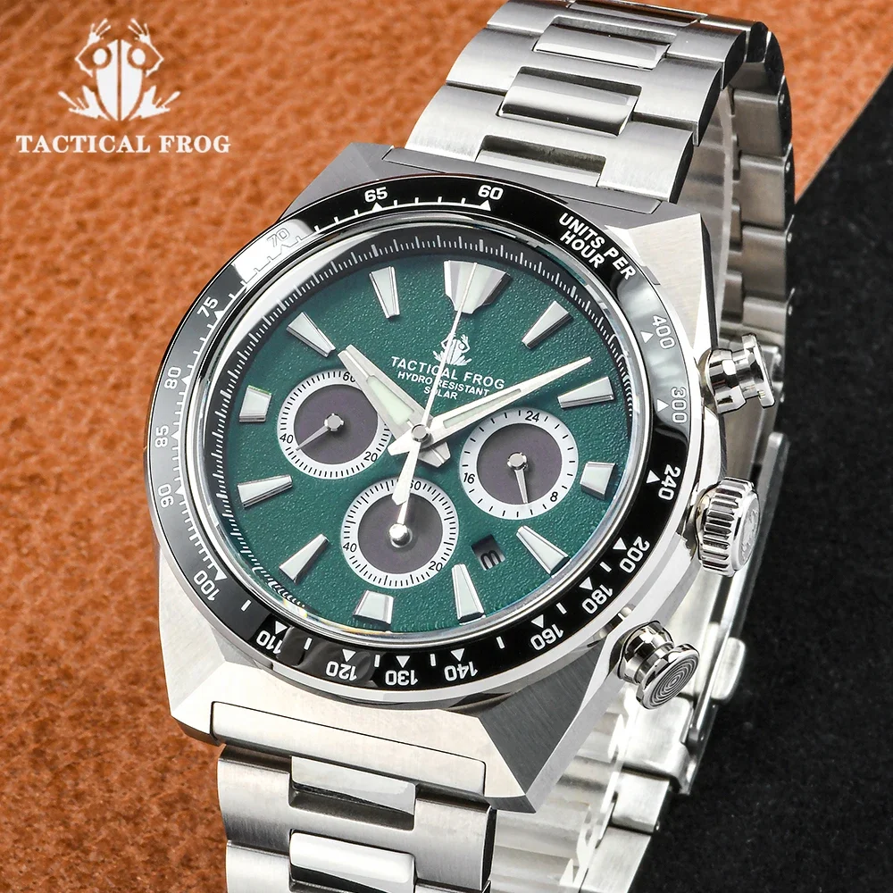 Tactical Frog Chronograph Watch Solar VS75A Eco-Drive Quartz Ceramic Bezel Sapphire Crystal Mirror 20Bar Luminous Mens Watch