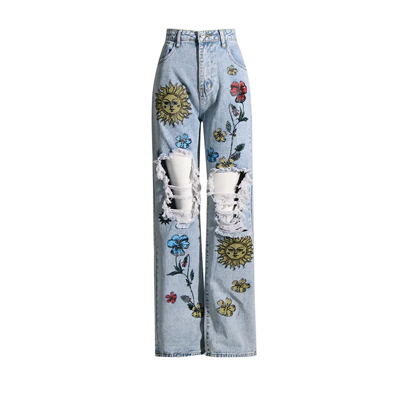 ZAMOR Women's 2026 Autumn New High-Waist Straight-Leg Jeans with Vintage Print and Ripped Detail