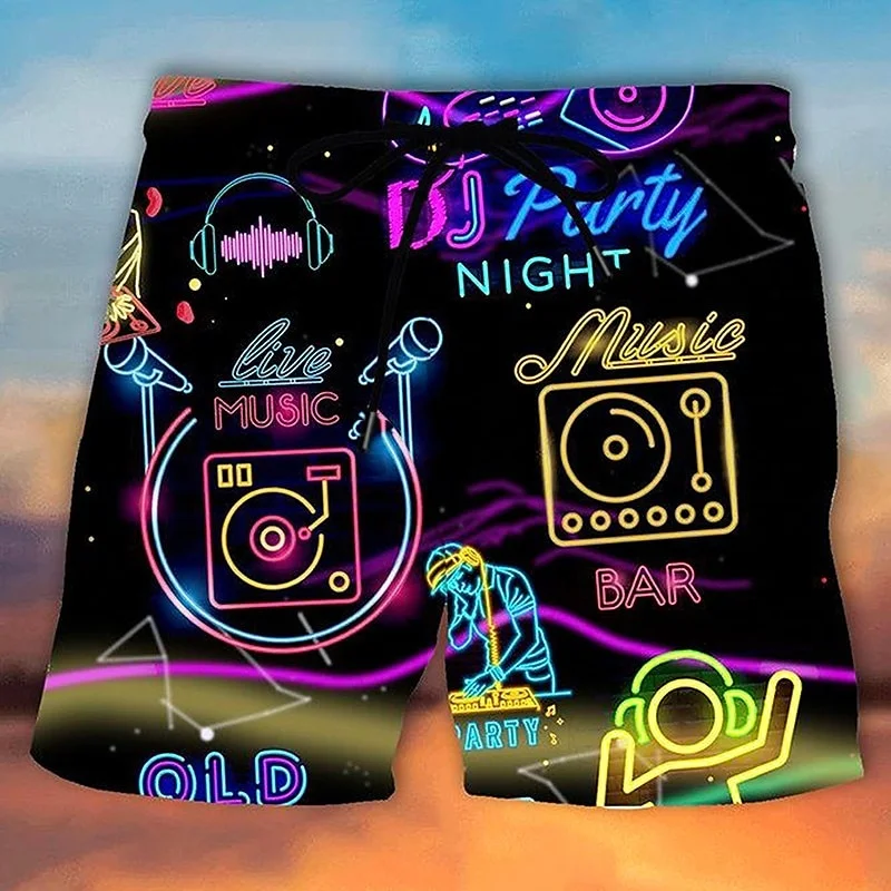 3D Printed Neon DJ Flamingo Short Pants For Men Fun Colorful Pattern Beach Shorts Summer Hawaiian Board Shorts Kids Swim Trunks