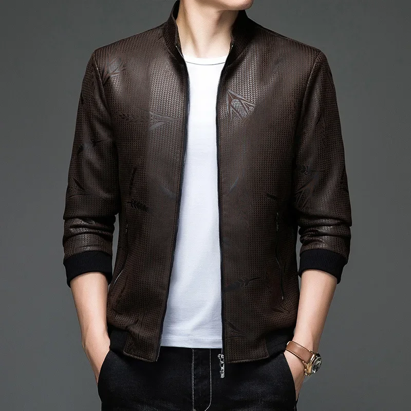 

Пальто из искусственной кожи, мужская повседневная однотонная куртка с воротником-стойкой, осенняя новая мужская модная микроэластичная верхняя одежда из искусственной кожи